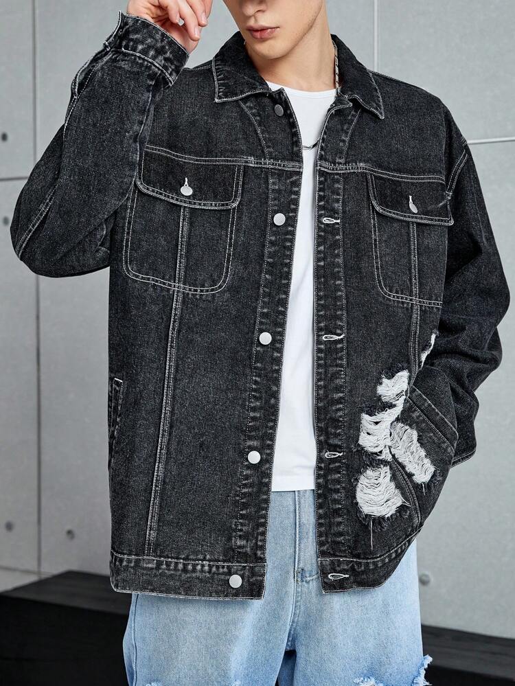 Men's Ultra-Loose Ripped Flap Pocket Denim Jacket