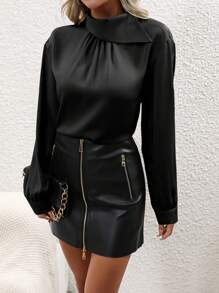 SHEIN Privé Solid Mock Neck Keyhole Back Satin Blouse - Black - View 1