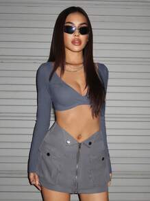 SHEIN ICON Solid V Neck Crop Ribbed Knit Top - Grey - View 5