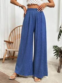 SHEIN VCAY Solid Wide Leg Pants - Navy Blue - View 2