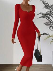 Chiquease Abito aderente in maglia collo a cuore con orlo smerlato - Rosso - Visualizzare 7