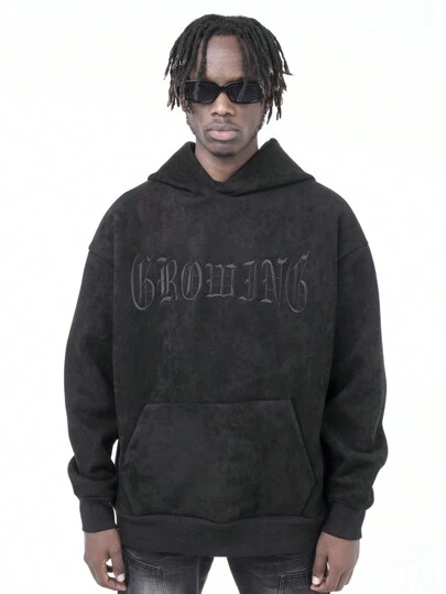 Men Letter Embroidery Kangaroo Pocket Drop Shoulder Hoodie