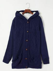 CILKOO 麻花編織前紐扣保暖連帽開襟衫 - 藏蓝色 - 查看 7