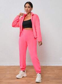 SHEIN Unity Thả vai Dây kéo Áo khoác & Quần - Màu Hồng Tươi - Xem 3