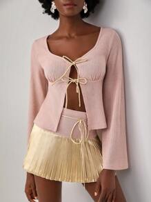 ASHLEY Designer Tie Front Waffle Knit Tee, For Holiday, Vacation, Spring, Festival, Ibiza Fits - Pink - View 1