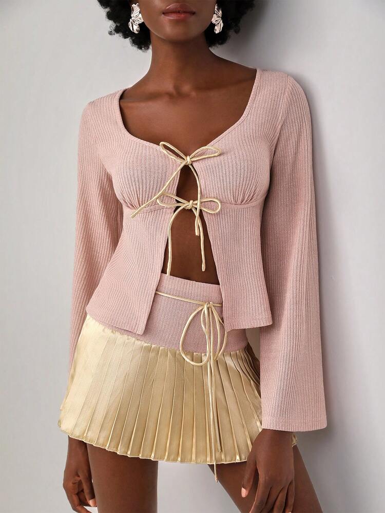 Designer Tie Front Waffle Knit Tee, For Holiday, Vacation, Spring, Festival, Ibiza Fits