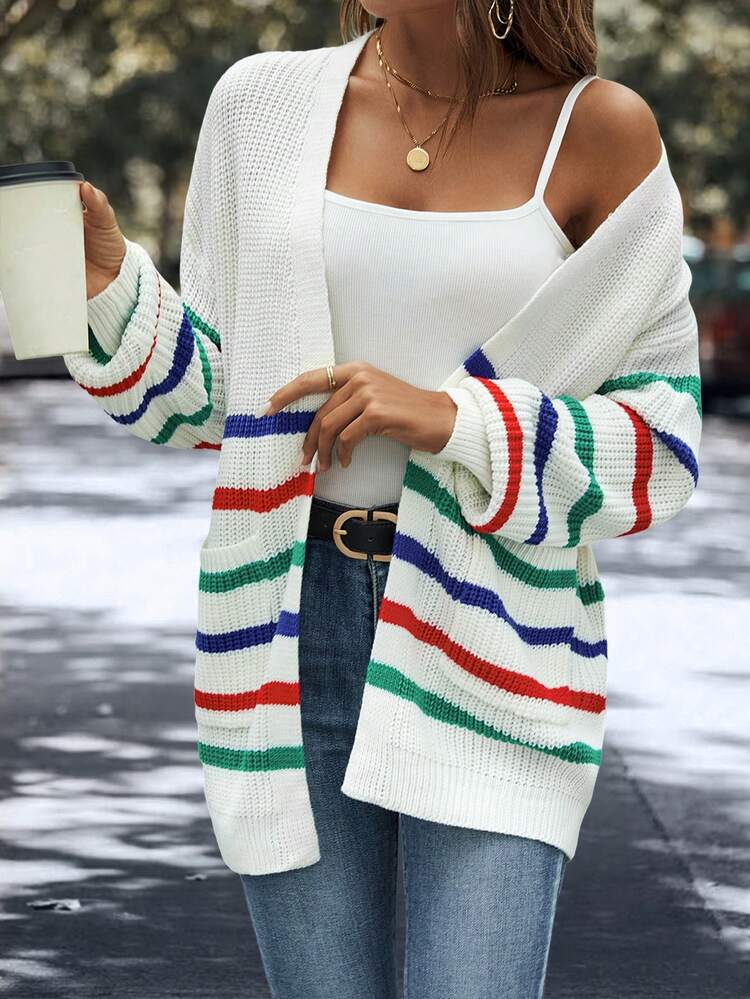 Striped Pattern Drop Shoulder Pocket Patched Duster Cardigan