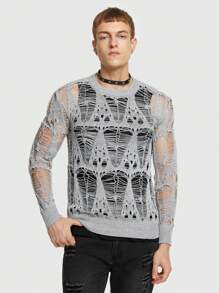 ROMWE MEN ROMWE Avant 男士鏤空針織套頭毛衣 - 灰色 - 查看 1