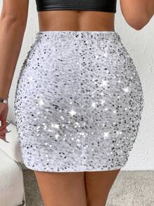 Allurite Split Hem Sequin Bodycon Skirt For Holiday Party Clothes - White - View 2