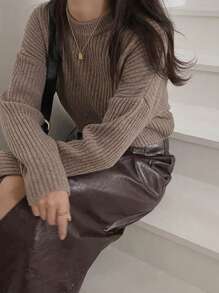DAZY Solid Slant Pocket Split Back Straight Skirt Fall,Winter Leather Skirt - Brown - View 6