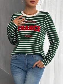 SHEIN Frenchy 條紋和字母圖案T恤 - 綠色 - 查看 6