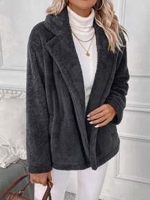 SHEIN LUNE Lapel Neck Double Breasted Teddy Coat - Dark Grey - View 3