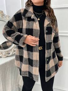 SHEIN LUNE Plus Buffalo Plaid Pattern Drop Shoulder Teddy Coat, For Winter - Apricot - View 1