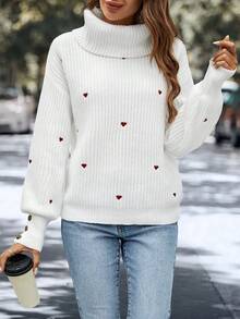 SHEIN Essnce 愛心圖案高領落肩袖套頭毛衣 - 白色 - 查看 3