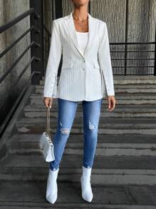 RueChic Striped Print Split Sleeve Single Breasted Blazer - White - View 4