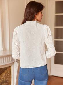 SHEIN Frenchy Frill Trim Eyelet Embroidery Button Detail Blouse - White - View 7