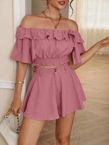 GENKIRA 露肩荷叶边短款上衣和阔腿短裤 - 粉色 - 查看 5