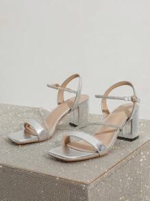 Sandalias de tacón alto grueso y elegantes con tiras adornadas con rhinestones para mujeres, para primavera/verano - Plateado - Ver 4