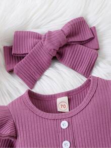 嬰兒女孩荷葉邊連體衣&綁帶連帽汗褲&頭帶 - 紫色 - 查看 8