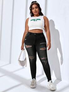 SHEIN EZwear Hơn Quần jean rách - màu đen - Xem 4