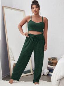 Conjunto de pijama con nudo delantero de punto acanalado talla grande - Verde Oscuro - Ver 5