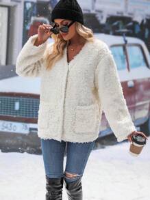 SHEIN LUNE Dual Pocket Drop Shoulder Teddy Coat - Beige - View 5