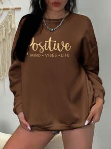 SHEIN EZwear Plus Slogan Graphic Drop Shoulder Sweatshirt - Coffee Brown - View 6