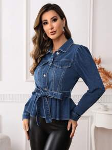 SHEIN Privé 翻蓋細節褶皺下擺牛仔夾克 - 深色水洗藍 - 查看 2