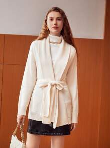 MOTF PREMIUM 100% PURE WOOL SHAWL COLLAR BELTED CARDIGAN - Beige - View 7
