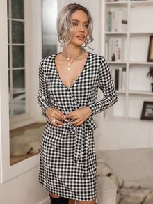 Fashionable Women's Black & White Checkered Belted Dress - Black and White - View 3