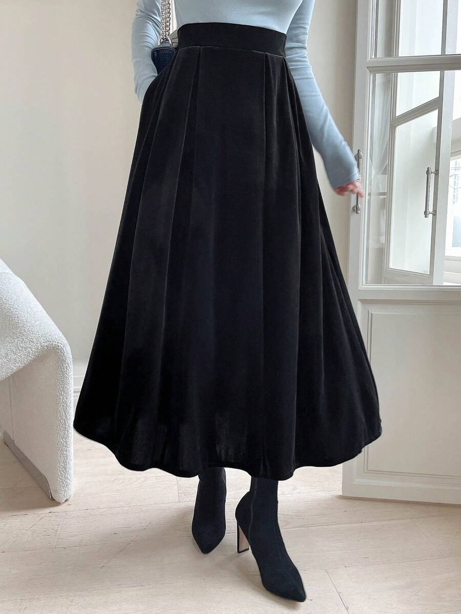 DAZY High Waist Slant Pocket Velvet Skirt Thermal Lined Fall,Winter - Black - View 1