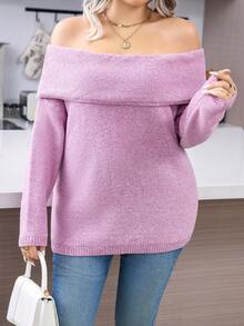 SHEIN LUNE 大碼折邊一字肩套頭毛衣 - 粉色 - 查看 3