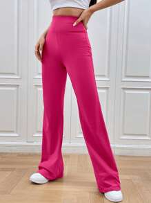 SHEIN EZwear 春夏純色玫瑰紅喇叭腿修身長褲 - 玫紅色 - 查看 4