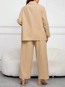 SHEIN Frenchy Plus Solid Tube Top & Wide Leg Pants & Shawl Collar Blazer - Apricot - View 3