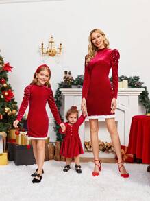 SHEIN Váy tay bồng đính ngọc trai dự tiệc Giáng sinh cho bé gái có viền lông nhân tạo - Đỏ - Xem 4