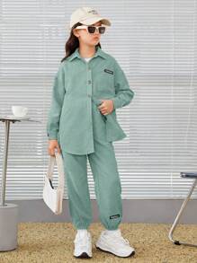 SHEIN Tween meisje Letterspatch Oversized Corduroy Shirt & broek