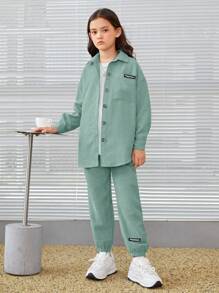 SHEIN Tween meisje Letterspatch Oversized Corduroy Shirt & broek