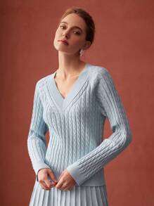 MOTF PREMIUM Jersey con mezcla de lana suelto tejido de cable & Falda de punto fruncido - Celeste - Ver 4