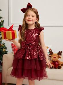 SHEIN Little Girls Sequin Decor Round Neck Cap Sleeve Glamorous Party Dress, Mommy & Me