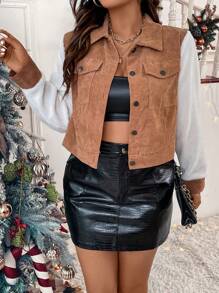 SHEIN LUNE Plus Two Tone Flap Pocket Crop Corduroy Jacket - Brown - View 6