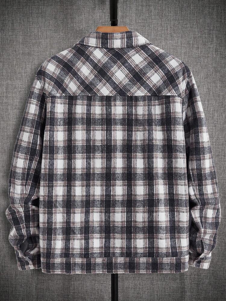 Loose Men's Plaid Print Flap Pocket Overcoat (Without T-Shirt), For Fall Winter