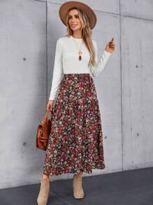 EMERY ROSE Allover Floral Print Ruffle Hem Skirt - Red Violet - View 5