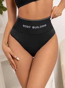 Letter Graphic Wideband Waist Shapewear Panty - Black - View 5