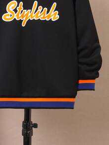 SHEIN 男大童字母圖案拼接邊落肩袖運動衫 - 黑色 - 查看 3