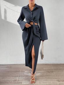SHEIN Clasi Solid Knot Front Shirt Dress - Dark Grey - View 5