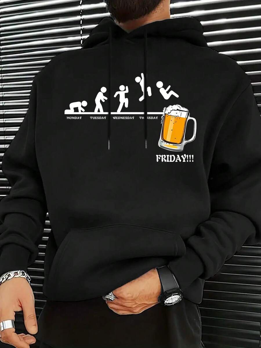 Men Letter & Figure Graphic Pocket Drawstring Hoodie, For Fall, Long Sleeve Top - Black - View 1