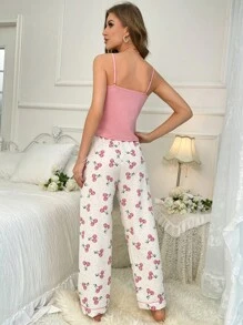 CottageSlumber Cami Top & Cherry Print Pants PJ Set / Pajama Set Bridallingerie - Pink - View 2