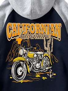 男士摩托車和字母圖案插肩袖抽繩加絨內裏連帽衫 - 彩色 - 查看 4