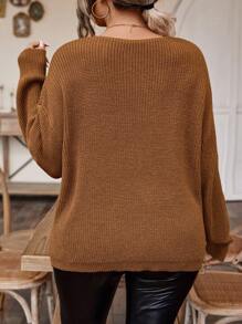 SHEIN LUNE Áo len chui đầu vai rớt màu trơn dành cho nữ cỡ lớn, chất liệu dệt kim, thích hợp cho mùa thu đông. - Cà phê nâu - Xem 2