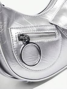 SHEIN ICON Hobo 包,帶前袋裝飾,銀色前衛斜挎包 - 銀色 - 查看 5